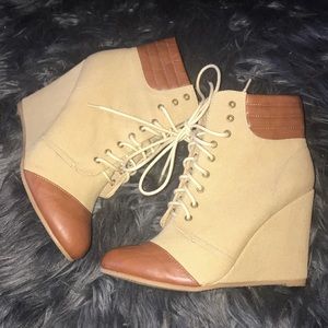 Coconuts Tan Canvas Wedge Ankle Boots